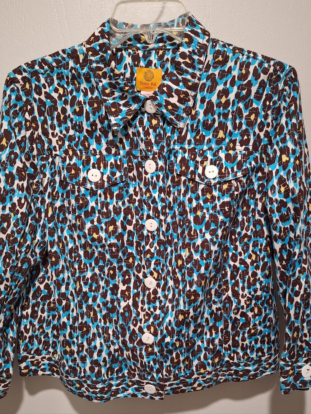 Ruby Rd. 16P Teal & Brown Leopard Print Button-Front Jacket. Linen blend. - Picture 5 of 16